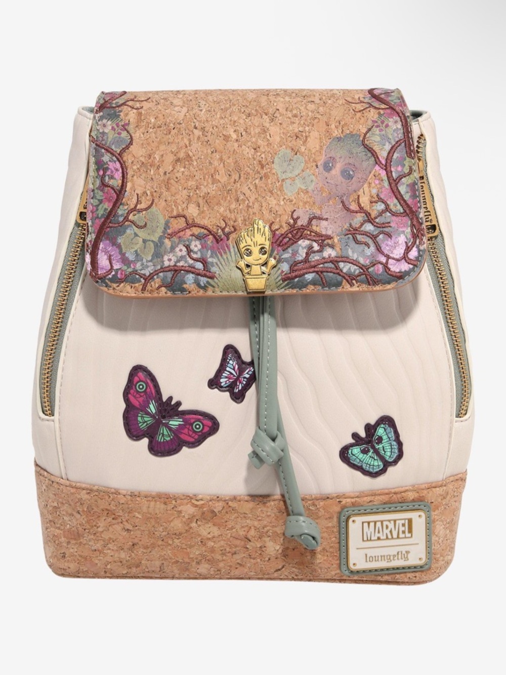 NWT LOUNGEFLY Disney Marvel Groot Cork Accent Floral Butterfly Mini Backpack